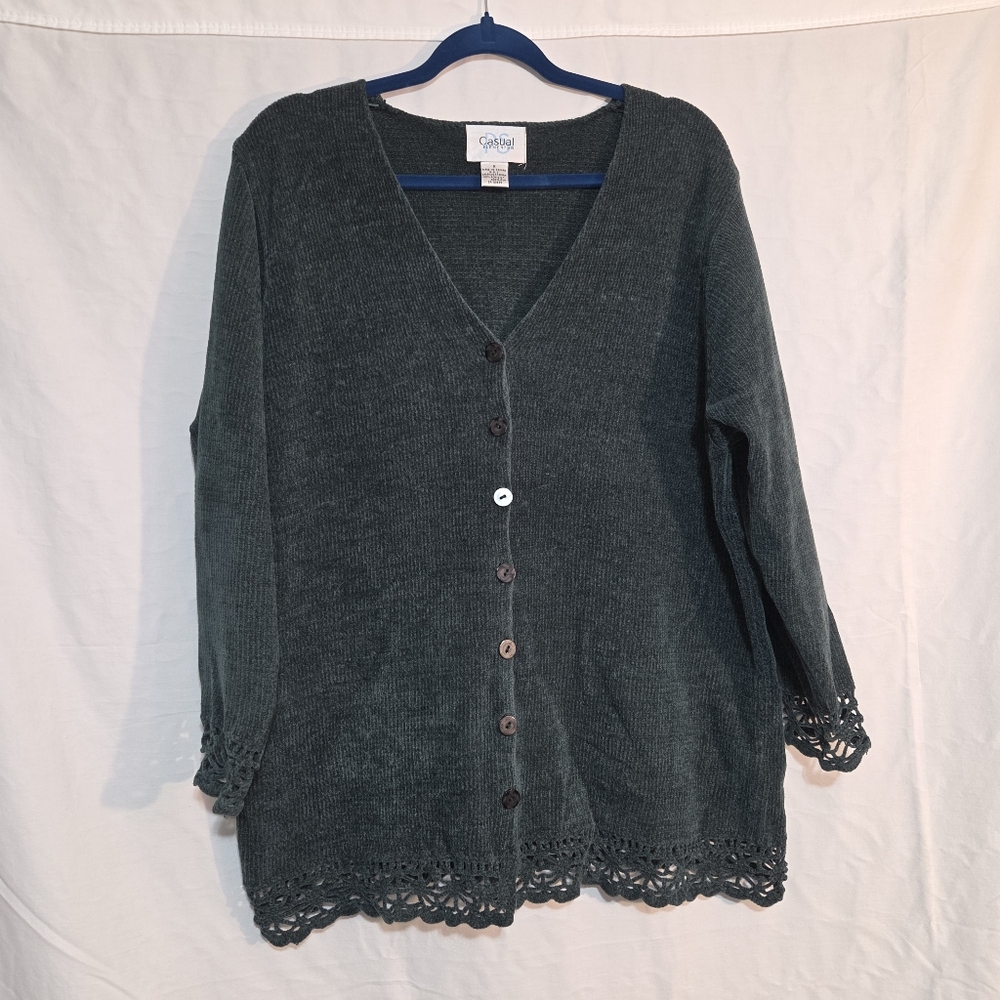 Dark Green 1X Ribbed Velvet-like Button Down Cardigan Sweater with Cut Out Trim